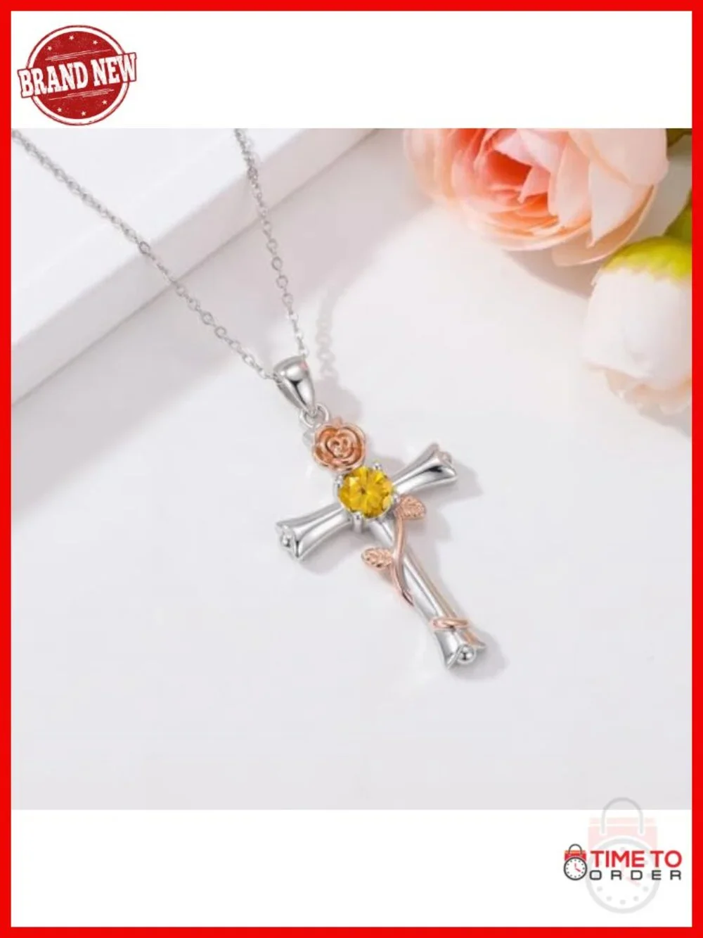Birthstone Cross Pendant Necklace Rose Gold Plated Religious Jewelry Gift